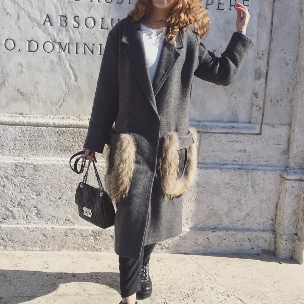 Custom made warm Gray Coat with Faux Fur Pockets
